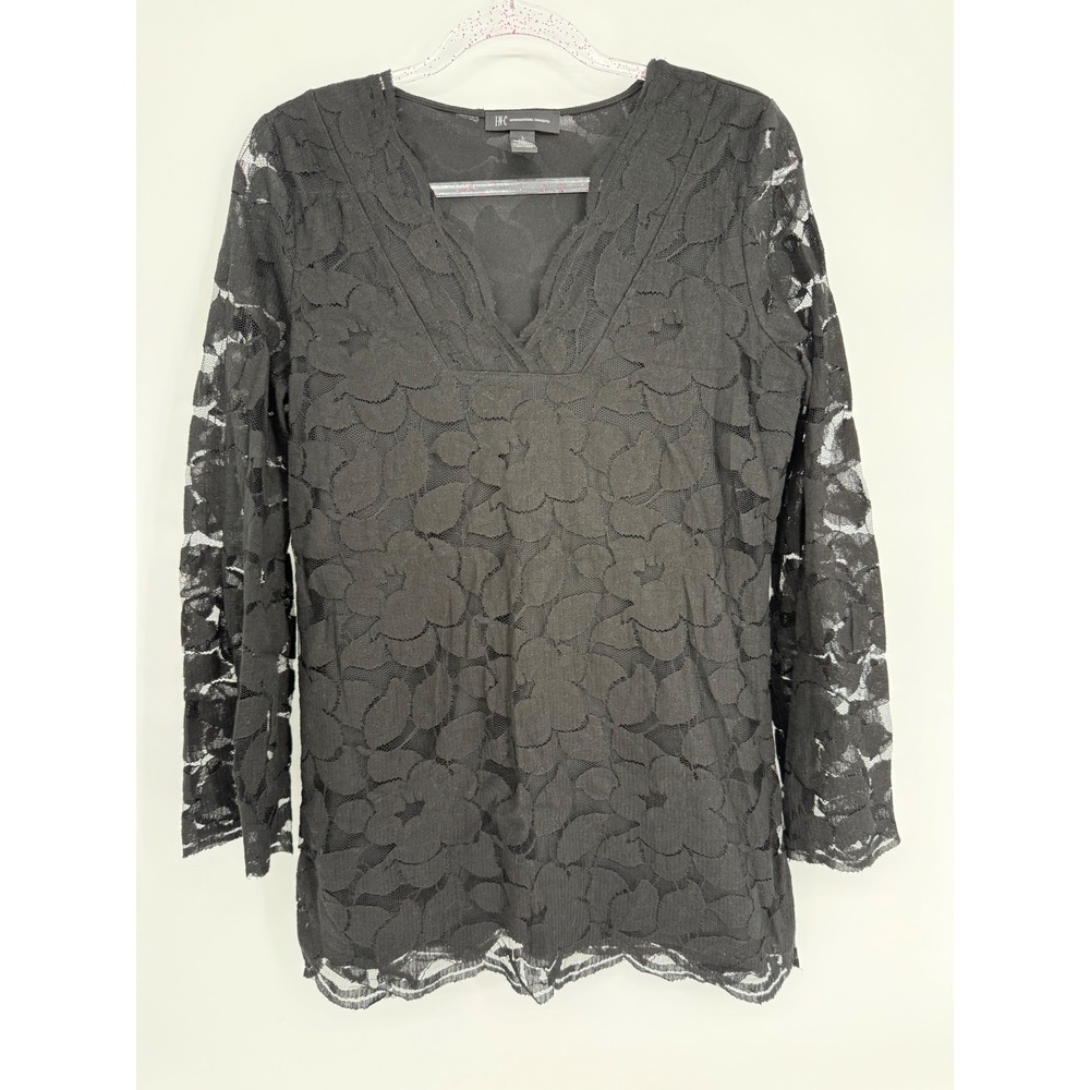 INC International‎ Concepts Womens Black Lace V-Neck Long Sleeve Tunic Sz L